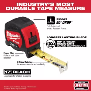 Milwaukee 25 ft. x 1.3 in. Gen II STUD Tape Measure with 17 ft. Reach