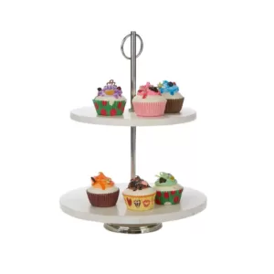 Mind Reader White 2 Tier Marble Pastry Stand, Party Pastry Display, Cupcake Stand Holder, Tiered Serving Dessert Display Tray