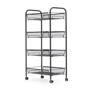 Mind Reader Roll 4-Shelf Rolling Black Metal Mesh Coffee Cart