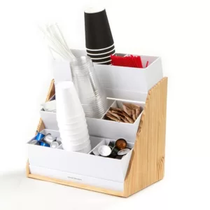 Mind Reader 9-Compartment White Condiment Organizer with Wood Base