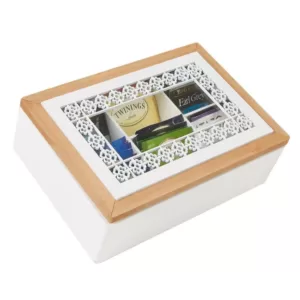 Mind Reader Brown Tea Box Storage Holder with Glass Window Wood Pattern