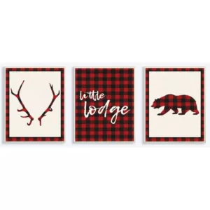 Stupell Industries 10 in. x 15 in. "Little Lodge Antler Bear Plaid" by Daphne Polselli Printed Wood Wall Art 3-Piece