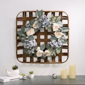 Glitzhome 22 in. Dia Hydrangea Rose Wreath with 24 in. L Bamboo Tobacco Basket