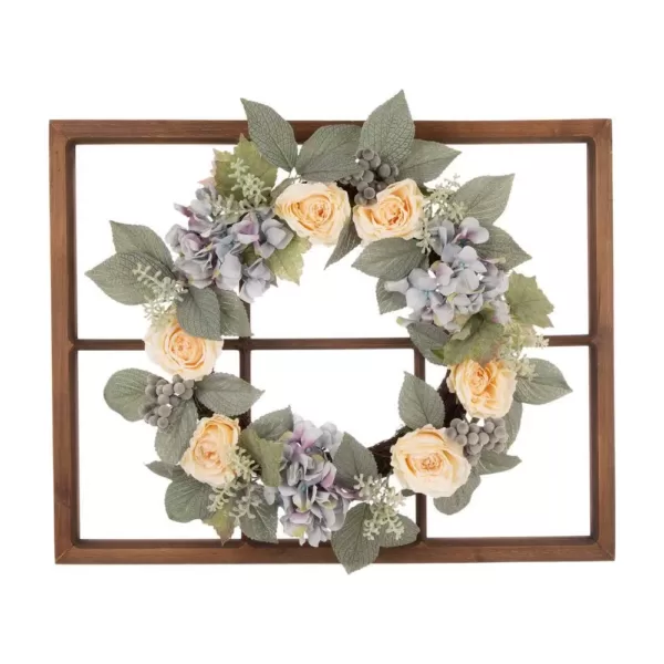 Glitzhome 22 in. Dia Hydrangea Rose Wreath with 28 in. H Wooden Window Frame