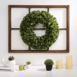 Glitzhome 18 in. Dia Boxwood Wreath with 28 in. H Wooden Window Frame