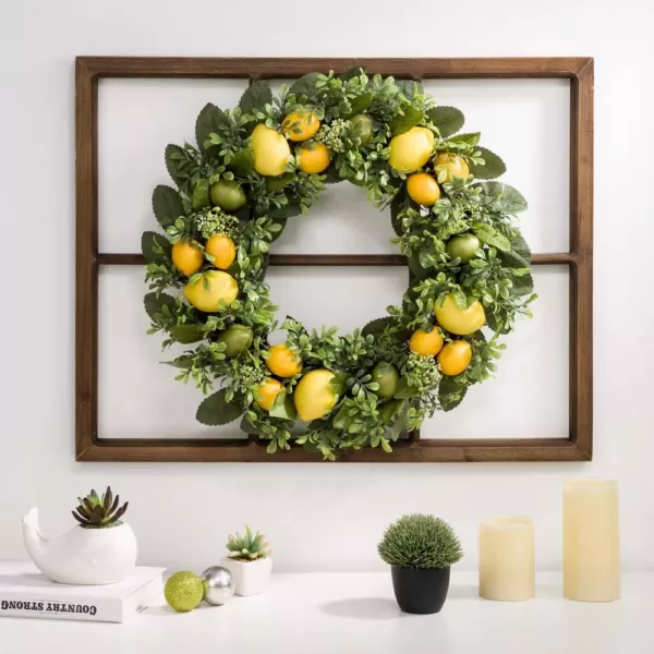 Glitzhome 28 in. Wooden Window Frame with 22 in. Greenery Lemon Wreath