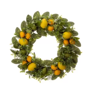 Glitzhome 28 in. Wooden Window Frame with 22 in. Greenery Lemon Wreath