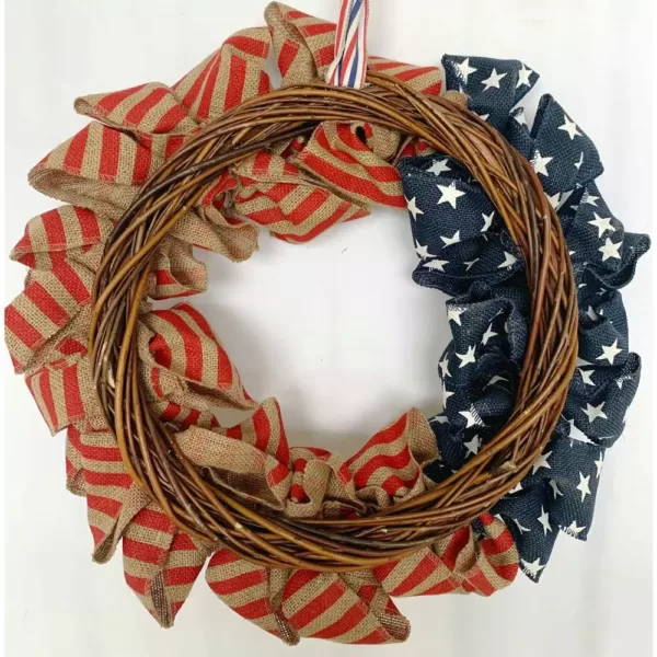 Glitzhome 22 in. US Red And Blue National Day Burlap Wreath