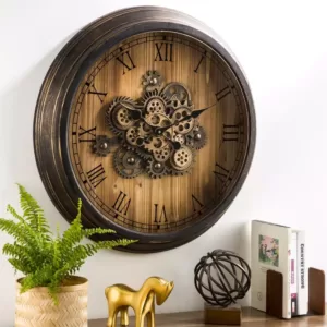 Glitzhome 27.76 in. D Vintage Industrial Oversized Wooden/Metal Wall Clock with Moving Gears