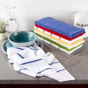 Lavish Home Multi-Color Waffle Weave Striped and Solid Color Cotton Kitchen Towel Set (8-Pieces)