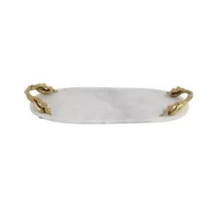 LITTON LANE 20 in. W x 2 in. H White Marble Oval Decorative Tray with Gold Leaf-and-Vine-Shaped End Handles