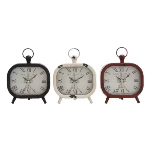 LITTON LANE Classic Rounded Rectangle Iron Table Clock in Distressed Red and Black or White (3-Pack)