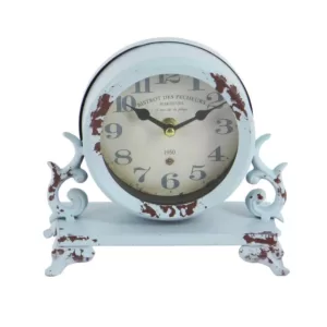 LITTON LANE 7 in. x 7 in. Burgundy Red and Mint Green Round Table Clocks on Rectangular Scrollwork-Designed Base (Set of 2)