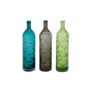 LITTON LANE 16 in. Polished Assorted Colors and Geometric Embossed Embellishments Glass Decorative Vases (Set of 3)