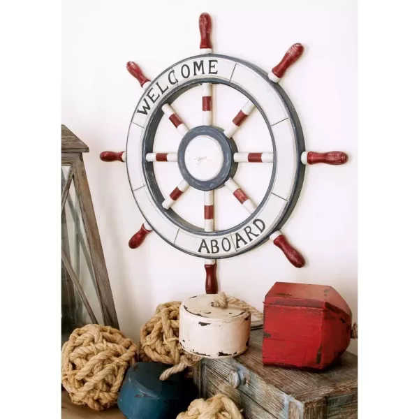 LITTON LANE 23 in. Dia Nautical Welcome Aboard Wooden Ship Wheel