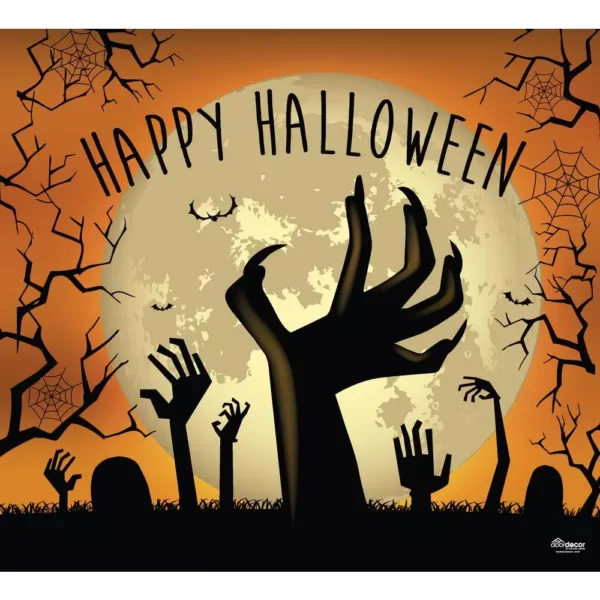 My Door Decor 7 ft. x 8 ft. Happy Halloween Graveyard Zombie Hands Garage Door Decor Mural for Single Car Garage