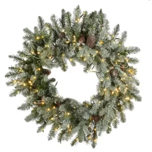 National Tree Company 24 in. Artificial Christmas Feel Real Snowy Morgan Spruce Wreath with 200 Dual Color LED Cosmic Lights