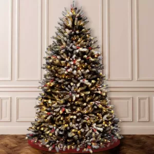 National Tree Company 7 ft. Dunhill Fir Hinged Tree with Snow, Red Berries, Cones and Clear Lights