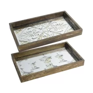 A & B Home Greta Rectangular Glass and Wood Natural Large Trays