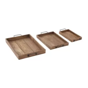 LITTON LANE Mahogany Brown Wood and Iron Trays (Set of 3)