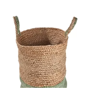 LR Home Wise Braided Natural Jute Green Decorative Basket with Handles