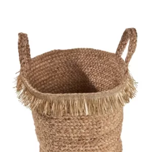 LR Home Claine Braided Fringed Natural Jute Decorative Storage Basket with Handles