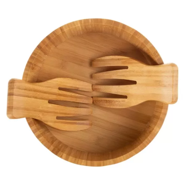 Classic Cuisine 10.25 in. Round Bamboo Salad Bowl with Utensils