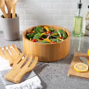 Classic Cuisine 10.25 in. Round Bamboo Salad Bowl with Utensils