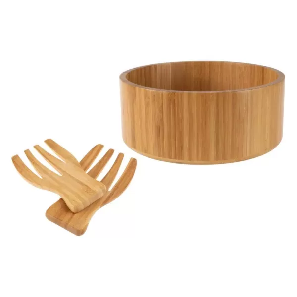 Classic Cuisine 10.25 in. Round Bamboo Salad Bowl with Utensils