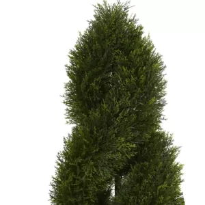 Nearly Natural 4 ft. High Indoor/Outdoor Cypress Double Spiral Topiary Artificial Tree in Slate Planter