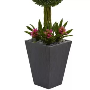 Nearly Natural 5 ft. High Indoor/Outdoor Double Boxwood Ball Topiary Artificial Tree in Slate Planter