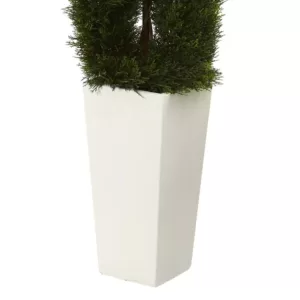 Nearly Natural 5.5 ft. High Indoor/Outdoor Double Pond Cypress Spiral Topiary Artificial Tree in White Tower Planter