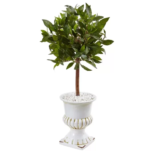 Nearly Natural Indoor Sweet Bay Mini Topiary Artificial Tree in White Urn