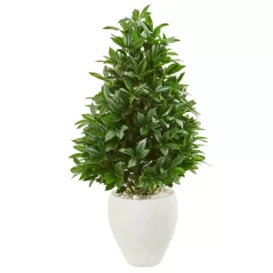 Nearly Natural Indoor/Outdoor 44-In. Bay Leaf Cone Topiary Artificial Tree in White Planter