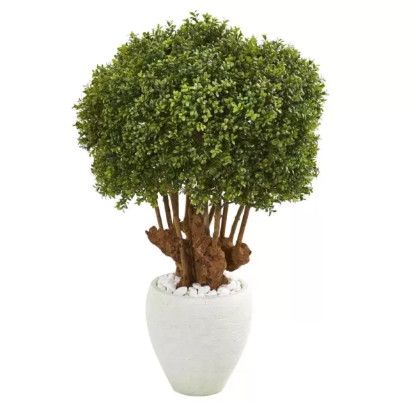 Nearly Natural Indoor/Outdoor 41 In. Boxwood Artificial Topiary Tree in White Planter