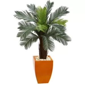 Nearly Natural 4.5 ft. High Indoor/Outdoor Cycas Artificial Tree in Orange Planter