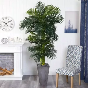 Nearly Natural 7 ft. Golden Cane Artificial Palm Tree in Cement Planter