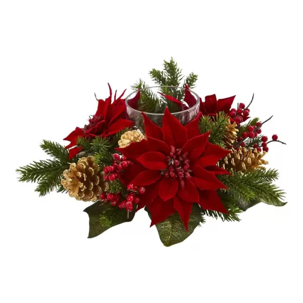 Nearly Natural Poinsettia, Berry and Golden Pine Cone Candelabrum Artificial Arrangement