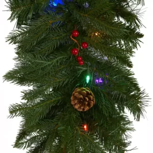 Nearly Natural 9 ft. x 12 in. Hanging Icicle Artificial Christmas Garland with 50 Multi-Colored LED Lights, Berries and Pine Cones