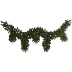 Nearly Natural 9 ft. x 12 in. Hanging Icicle Artificial Christmas Garland with 50 Multi-Colored LED Lights, Berries and Pine Cones