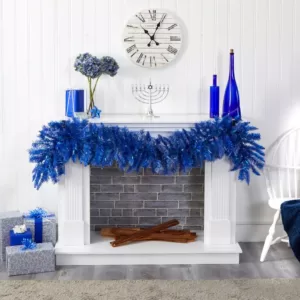 Nearly Natural 6 ft. Pre-Lit Blue Artificial Christmas Garland with 50 Warm White Lights