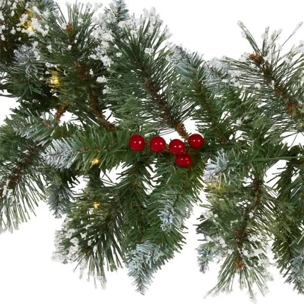 Nearly Natural 9 ft. Battery Operated Pre-lit Frosted Swiss Pine Artificial Garland with 50 Clear LED Lights and Berries