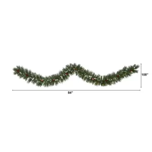 Nearly Natural 9 ft. Battery Operated Pre-lit Frosted Swiss Pine Artificial Garland with 50 Clear LED Lights and Berries