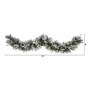 Nearly Natural 6 ft. Battery Operated Pre-lit Flocked Mixed Pine Artificial Christmas Garland with 50 LED Lights, Pine Cones, Berries