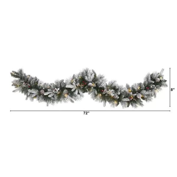 Nearly Natural 6 ft. Battery Operated Pre-lit Flocked Mixed Pine Artificial Christmas Garland with 50 LED Lights, Pine Cones, Berries