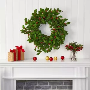 Nearly Natural 28 in. Holly Berry Artificial Wreath