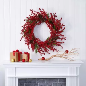 Nearly Natural 34 in. Cypress Artificial Wreath with Berries and Pine Cones