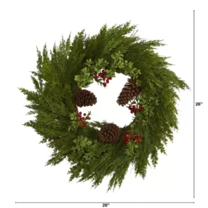 Nearly Natural 26 in. Cypress with Berries and Pine Cones Artificial Wreath