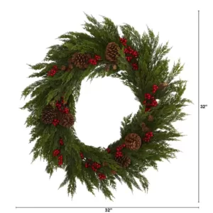 Nearly Natural 32 in. Cypress with Berries and Pine Cones Artificial Wreath