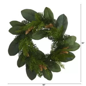 Nearly Natural 16 in. Magnolia Leaf and Mixed Pine Artificial Wreath with Pine Cones